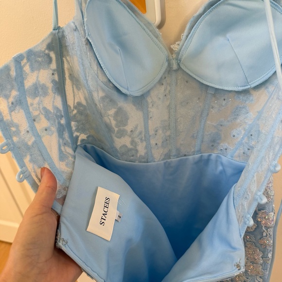 STACEES Sparkly Floral Sequined Lace-Up Dress with Glitter in Sky Blue 4 NWT - Picture 8 of 11